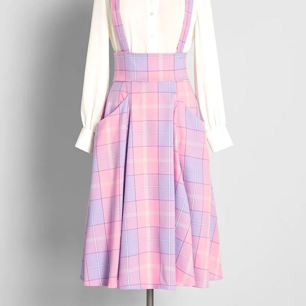 Collectif Pink Plaid Jumper Skirt with Suspenders